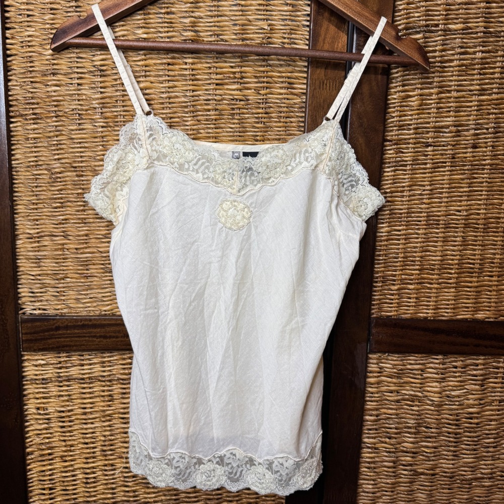 Y2K Fairycore Cream 100% Cotton Beaded Lace Trim Camisole Top Large Preppy